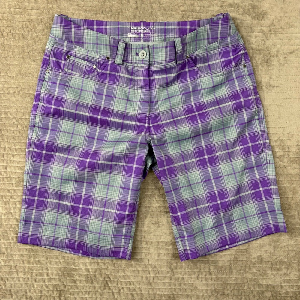 Nike Golf Tour Performance Dri-FIT Purple Plaid Shorts Womens 6 Stretch Tech